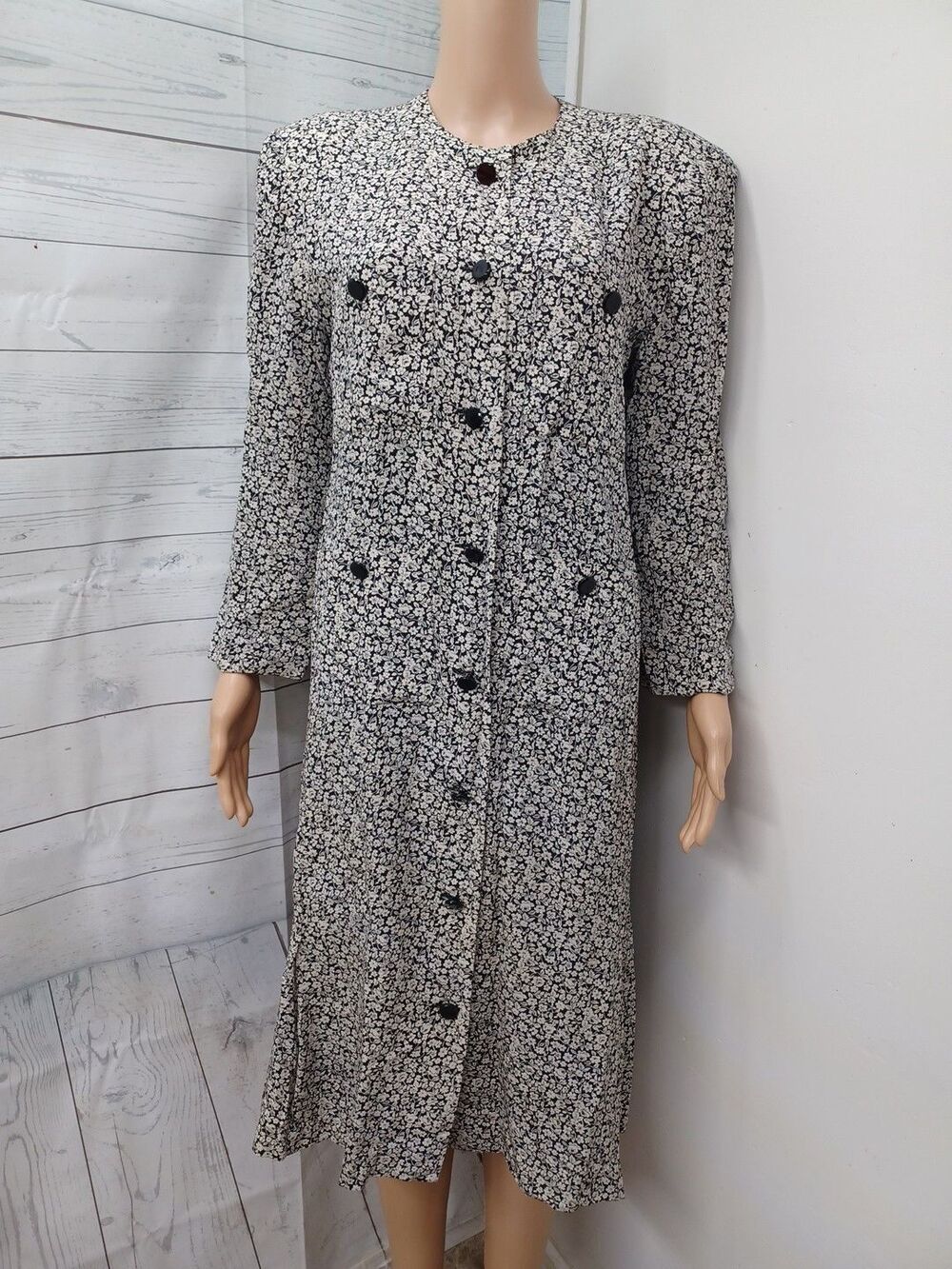 Vtg Albert Nipon White Black 100% Silk Dress Floral 4 Pockets Sz 8